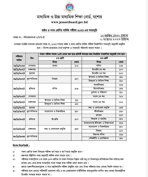 অষ্টম ও নবম শ্রেণির বার্ষিক পরীক্ষা ২০২৩- এর সময়সূচী